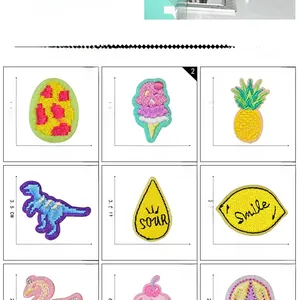 Detailed grid of assorted self-adhesive cartoon embroidery patches with size measurements