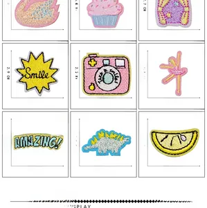 Detailed size chart for various embroidery patches including cake and swan shapes