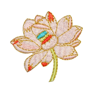 Exquisite lotus flower embroidery patch with pink petals and gold metallic thread edges