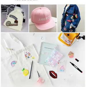 Detailed views of diverse embroidered patches on caps, denim jackets and canvas bags