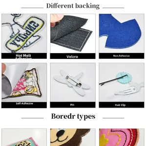 Detailed close-up of various embroidery patch backings like self-adhesive and velcro