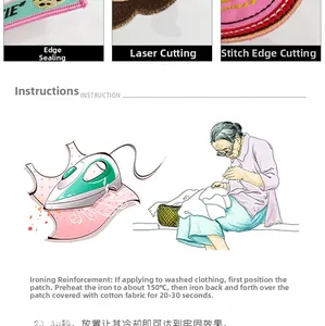 Detail of embroidery patch edges and ironing guide with instructions for 150C preheat
