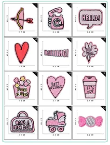 Size chart showing 12 pink heart embroidery patches with dimensions for DIY sewing and crafts