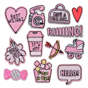 Pink Cartoon Embroidered Patches Polyester Self-Adhesive DIY Applique For Clothing Bags Girly Style Retro Phone Heart Shape Decor