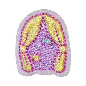 Detailed arch shaped lemon cake embroidery patch with pink and yellow thread for DIY sewing