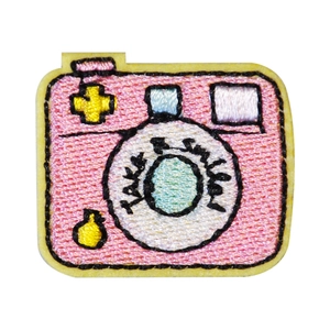 Pink camera embroidery patch with Take a Smile slogan for DIY clothing accessories