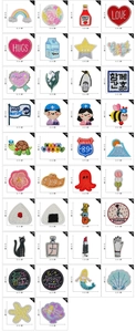 Detailed size chart showing 38 assorted embroidered patches with dimensions in centimeters
