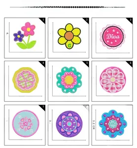 Detailed macro view of nine assorted colorful floral and geometric embroidery patches