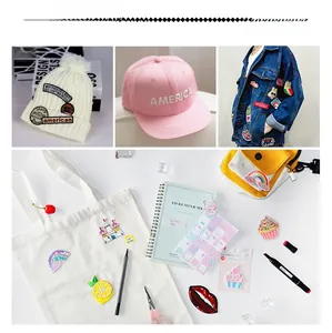 Detail showing various embroidery patches applied on hats, denim jackets and canvas bags