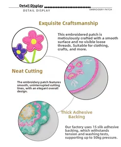 Detail of floral embroidery patch showing high-density stitching and heat melt adhesive