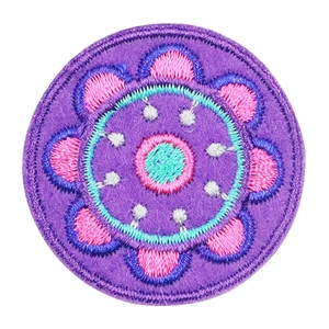 Circular purple mandala embroidered patch with pink floral patterns for DIY accessories