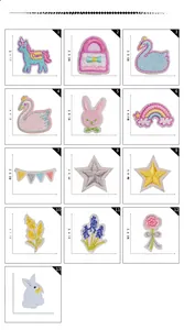 Detailed grid of cartoon animal and floral embroidery patches with size measurements