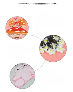 Macro view of high-density embroidered mushroom and unicorn patches with adhesive backing