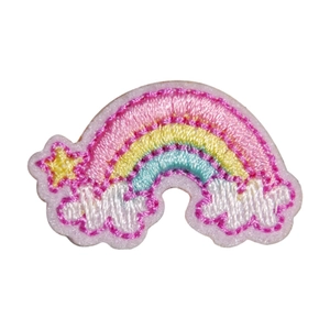 Rainbow embroidery patch with colorful stripes and white clouds on a white background