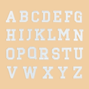 Set of 26 white embroidered English letter patches with bold design for DIY clothing decor