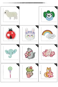 Detailed size chart of assorted cartoon animal embroidery patches with clear dimensions