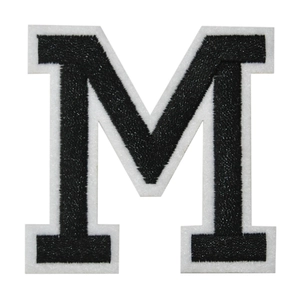 Embroidered black letter M patch with white chenille border for DIY apparel