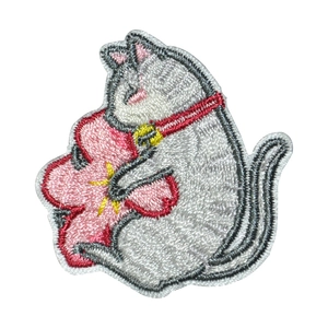 Detailed cat and cherry blossom embroidered patch for clothing accessories on white background