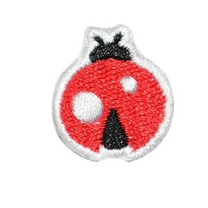 Detailed ladybug embroidered iron-on patch with red thread and black spots for clothing