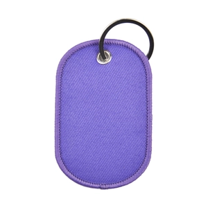 Solid purple fabric luggage tag keychain with reinforced silver metal ring and stitched edges