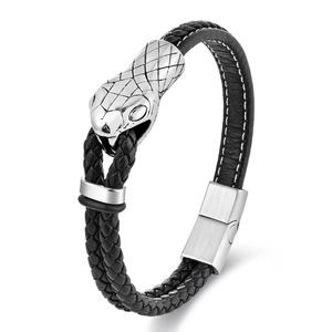 Bracelet double en cuir noir tressé pour homme avec fermoir tête de serpent style vintage
