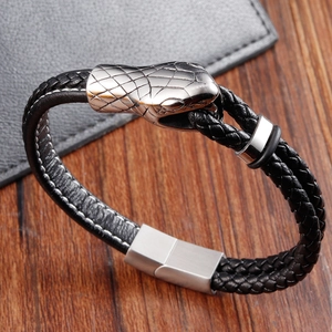 Double-layer braided black leather bracelet with silver stainless steel snake head clasp