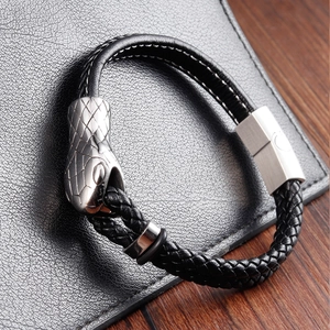 Men's double-layer black braided leather bracelet featuring a silver snake head metal clasp