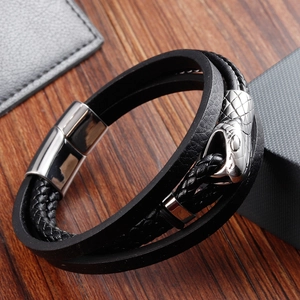Men's double-layer black leather woven bracelet with silver snake head charm and magnetic clasp