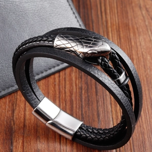 Men Double Layer Genuine Leather Braided Bracelet With 316L Stainless Steel Snake Head Magnetic Buckle Punk Jewelry