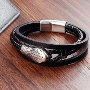 Men's double-layer black leather woven bracelet featuring a silver metal snake head charm
