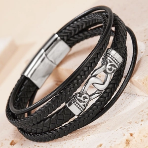 Bracelet pour Homme Vintage Multi-couches en Cuir Tressé Acier Inoxydable 316L Fermoir Magnétique Noir Punk Tressé Décontracté