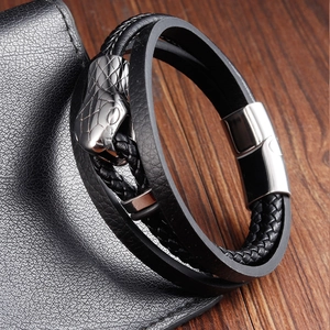 Men's double-layered black leather braided bracelet with a silver snake head metal charm