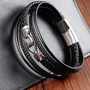 Bracelet double épaisseur pour homme en cuir tressé noir avec fermoir magnétique vintage