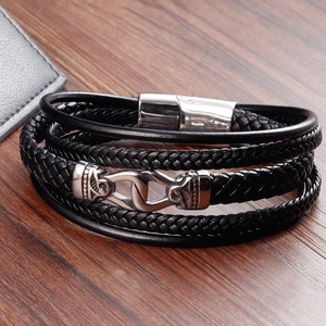 Bracelet multicouche en cuir véritable tressé noir pour homme avec fermoir magnétique en inox