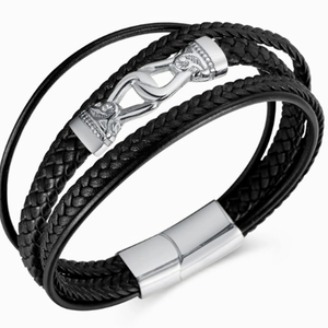 Bracelet pour homme en cuir noir tressé avec fermoir magnétique en acier et gravure