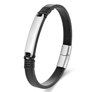 Bracelet pour homme en cuir tressé noir double couche avec fermoir magnétique argenté