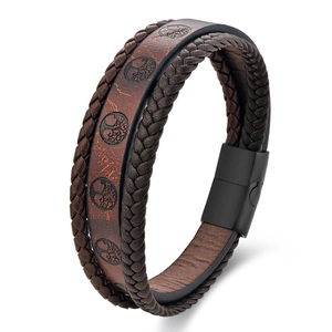 Men's multilayer leather bracelet with tree of life pattern and magnetic clasp