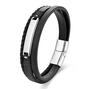 Bracelet multicouche pour homme en cuir noir tressé avec plaque en acier inoxydable argenté
