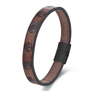 Men's double-layer brown leather bracelet with tree of life pattern and black magnetic clasp