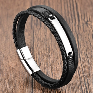 Bracelet multicouche en cuir noir pour homme avec cordon tressé et fermoir en acier poli