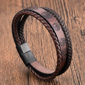 Men's brown layered leather bracelet with Tree of Life embossing and black matte clasp
