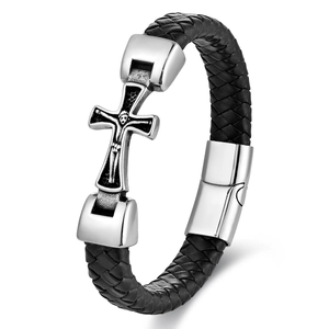 Men's black braided leather bracelet featuring a silver metal cross and magnetic clasp
