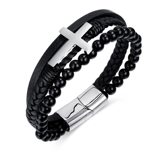 Bracciale multistrato da uomo in pelle nera intrecciata con croce d'argento e chiusura