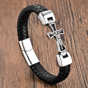 Men Braided Leather Cross Bracelet 316L Stainless Steel Religious Crucifix Design Magnetic Clasp Vintage Fashion Jewelry