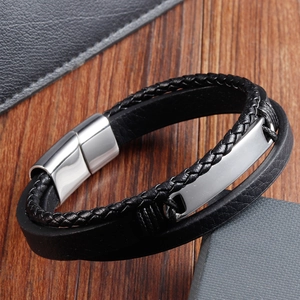Bracelet pour homme en cuir tressé noir double couche avec fermoir magnétique argenté