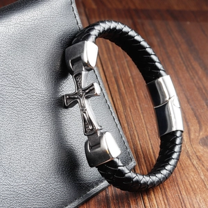 Men's braided black leather bracelet with silver stainless steel cross and magnetic clasp