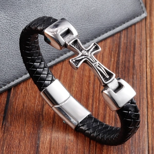 Men's black braided leather bracelet featuring a silver stainless steel religious cross charm