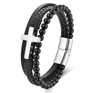 Bracciale multistrato da uomo in pelle nera con perline di pietra naturale e croce d'argento