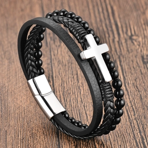 Bracciale Multistrato in Vera Pelle e Acciaio Inossidabile da Uomo Con Croce Perle in Pietra Naturale Chiusura Magnetica