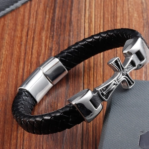 Men's black braided leather bracelet with vintage stainless steel cross and magnetic clasp